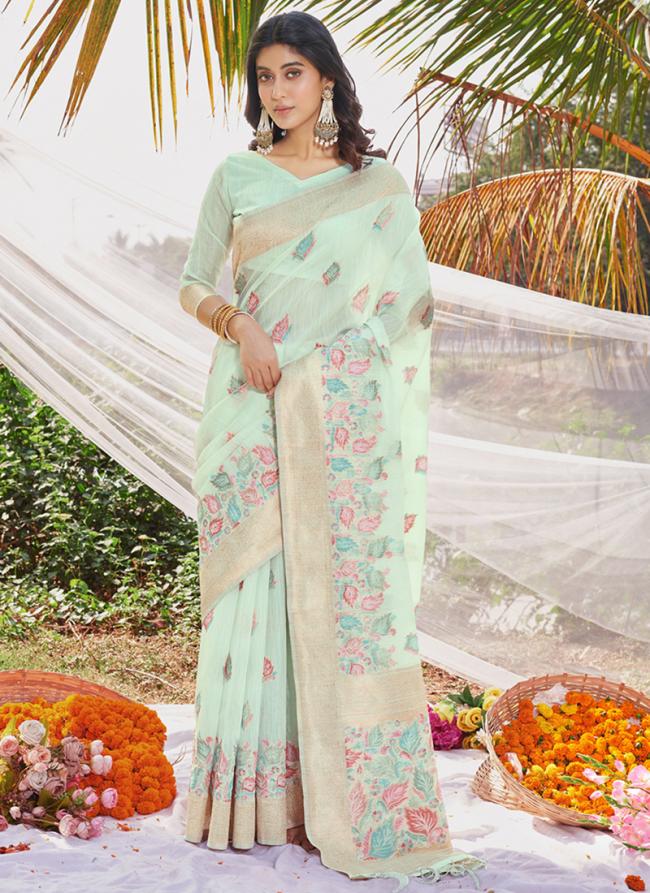 Cotton Teal Green Traditional Wear Digital Printed Saree
